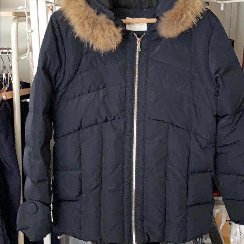 SANDRO Navy Blue Down Coat with fur hood